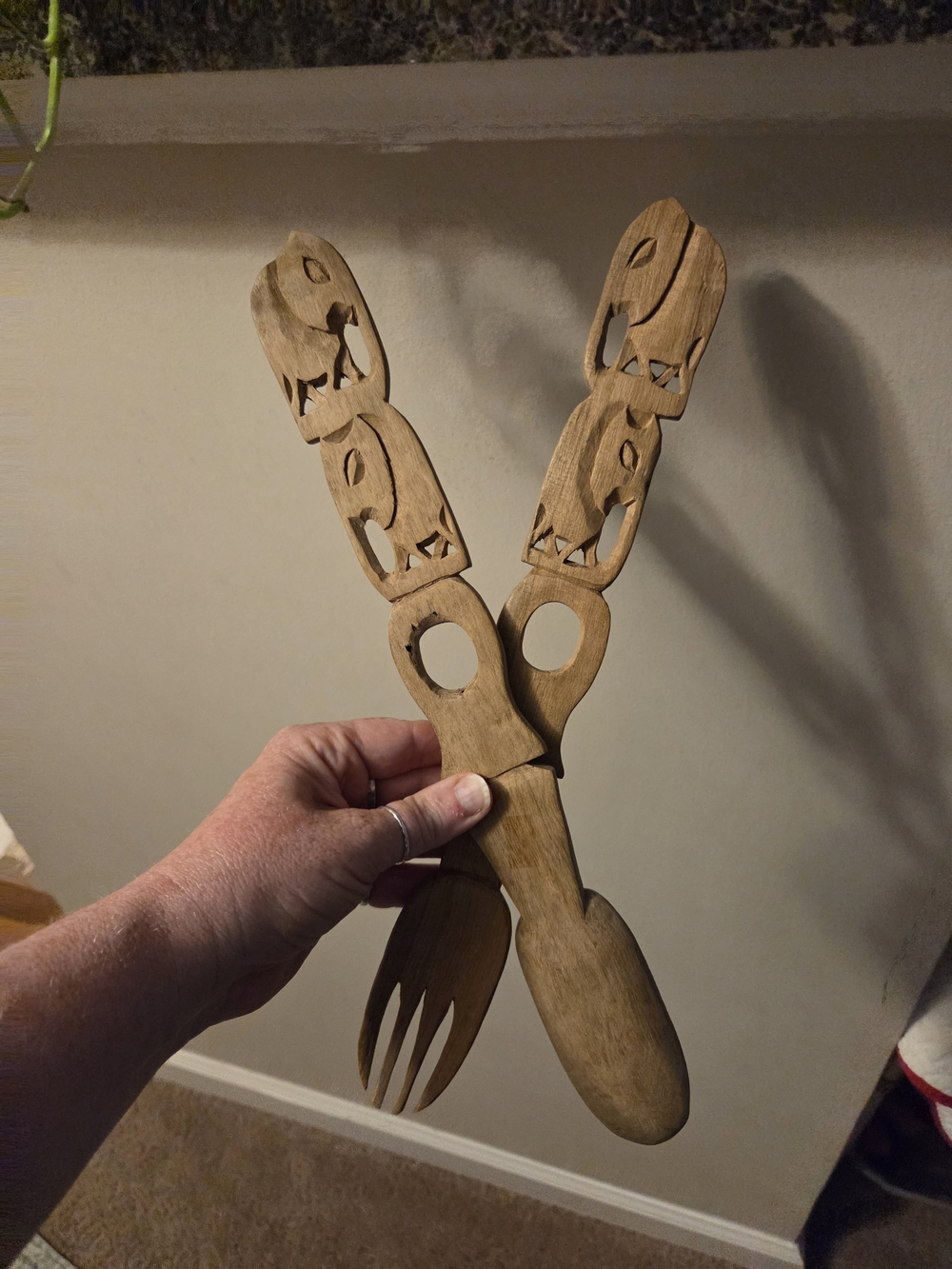 Vintage Hand Carved Wooden Elephant Serving Spoon & Fork Mid Century Modern